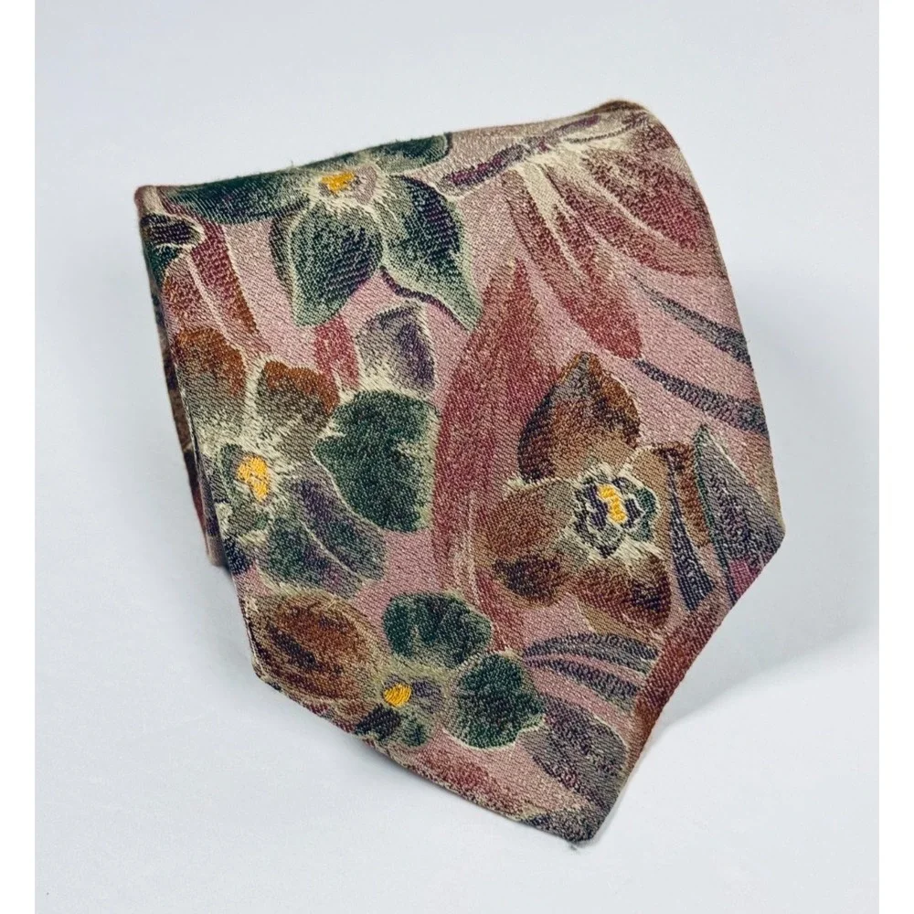 Robert Talbott Tie Mens Silk Floral Mauve Green USA Handmade Vintage Necktie